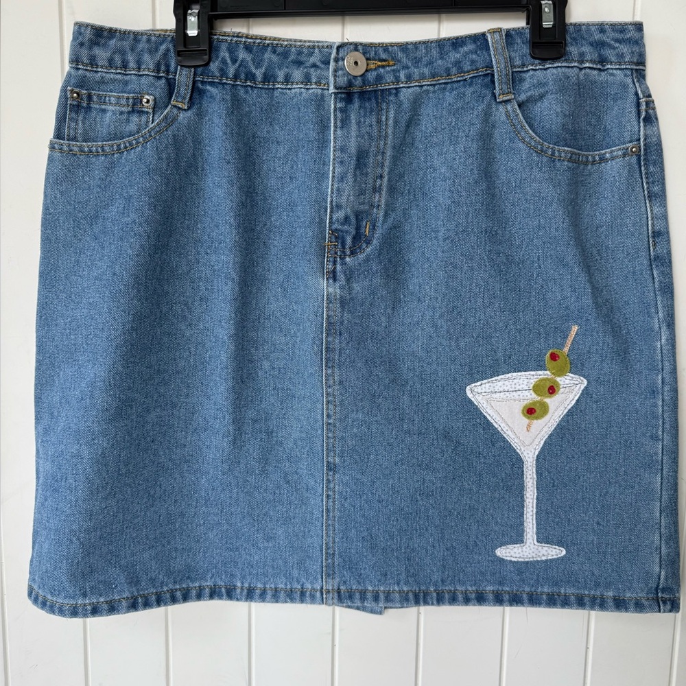 Upcycled Denim Jean skirt with hand sewn Martini glass and Olives size L